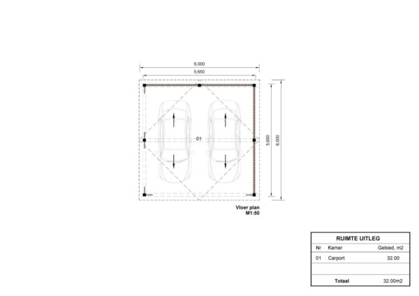 Dubbele houten carport Subaru SR, 6x6, 36m²